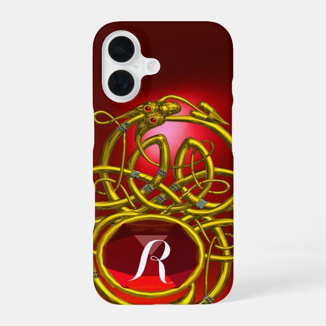 HYPER DRAGONS,GOLD CELTIC KNOTS Red Ruby Monogram iPhone 16 Case (Back)