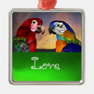 HYPER PARROTS / BLUE AND RED ARA  Emerald Love Metal Tree Decoration