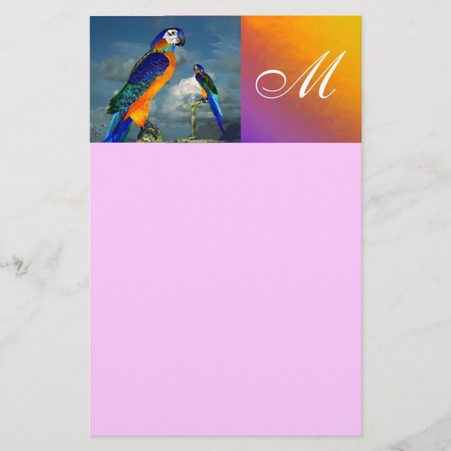 HYPER PARROTS / BLUE ARA  MONOGRAM ,pink Stationery (Front)