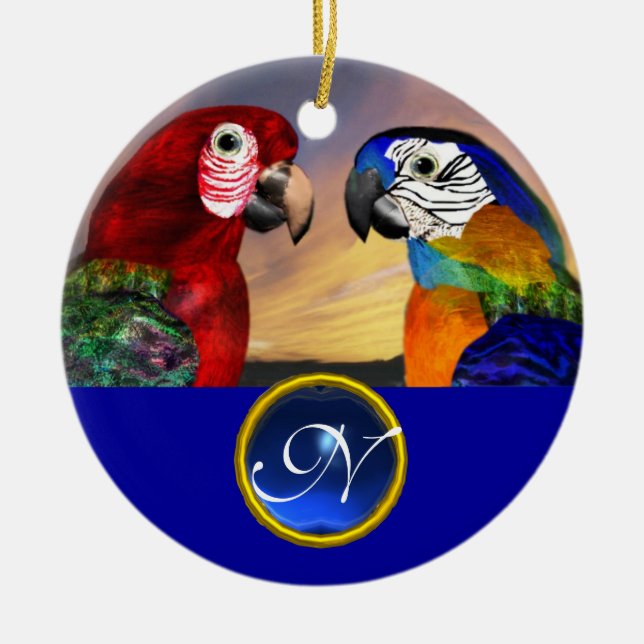HYPER PARROTS BLUE SAPPHIRE GEM MONOGRAM Love Ceramic Tree Decoration (Front)