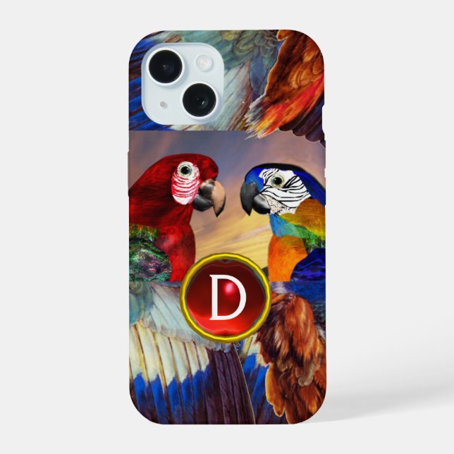 HYPER PARROTS /RED AND BLUE ARA GEMSTONE MONOGRAM iPhone 15 CASE (Back)