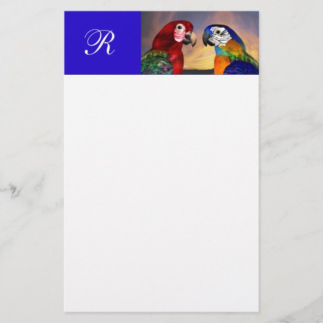 HYPER PARROTS / RED AND BLUE ARA  MONOGRAM STATIONERY (Front)