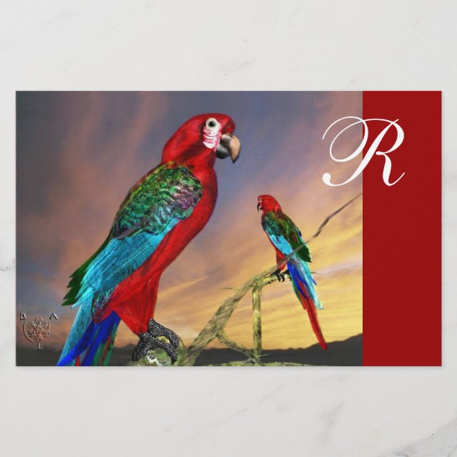 HYPER PARROTS / RED ARA  MONOGRAM STATIONERY (Front)