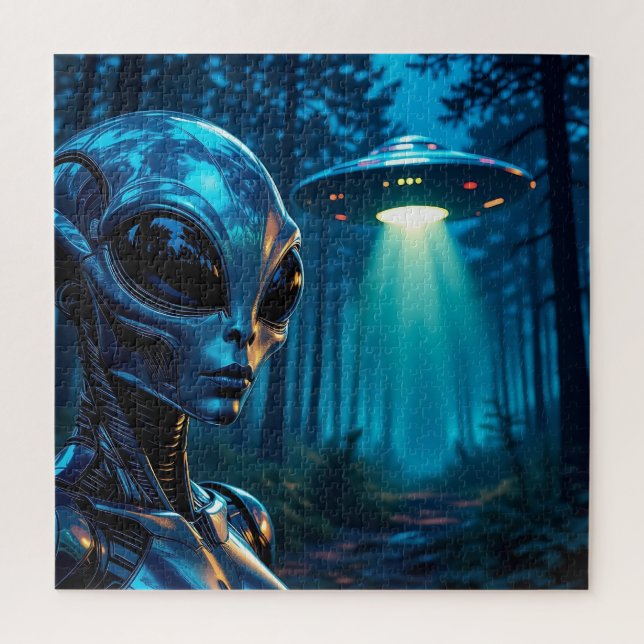 Hyper Realistic Alien and UFO in the Forest Jigsaw Puzzle (Vertical)