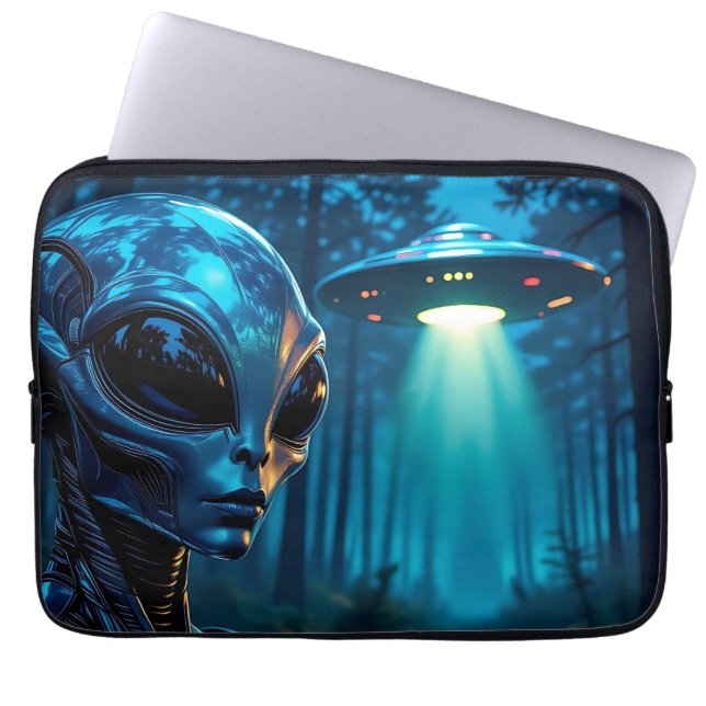 Hyper Realistic Alien and UFO in the Forest Laptop Sleeve (Front)