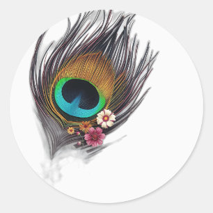 Hyper-Realistic Peacock Feather with Floral Patter Classic Round Sticker