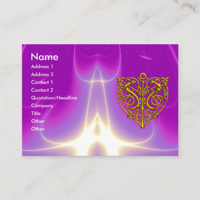 HYPER VALENTINE,GOLD CELTIC HEART Pink Fuchsia Business Card (Front)