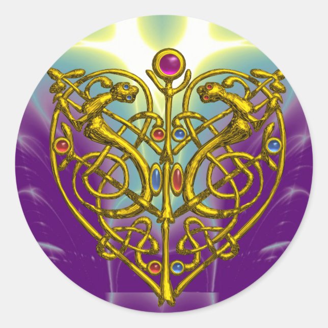 HYPER VALENTINE/ GOLD CELTIC KNOT HEART IN PURPLE CLASSIC ROUND STICKER (Front)