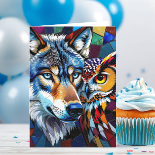 Hyperreaslistic Wolf and Owl Happy Birthday Card