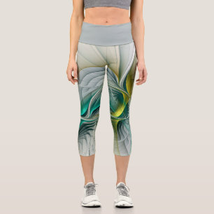 Hypnotic Abstract Golden Turquoise Teal Fractal Capri Leggings
