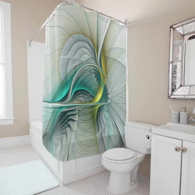Hypnotic Abstract Golden Turquoise Teal Fractal Shower Curtain (In Situ)
