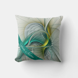 Hypnotic Abstract Golden Turquoise Teal Name Cushion