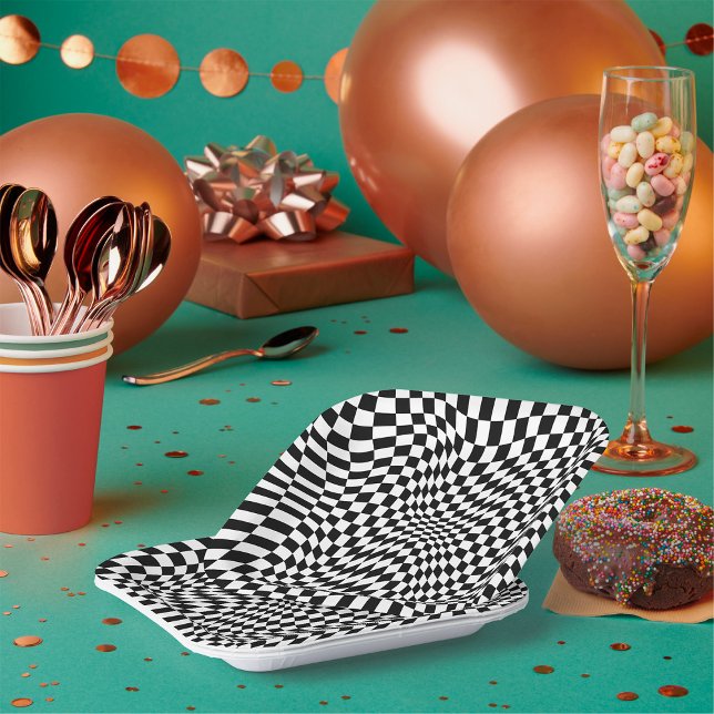 Hypnotic Black and White Chequered Warp Pattern Paper Plate (Creator Uploaded)