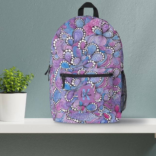 Hypnotic Hand-Drawn Purple Organic Swirls and Name Printed Backpack (Creator Uploaded)