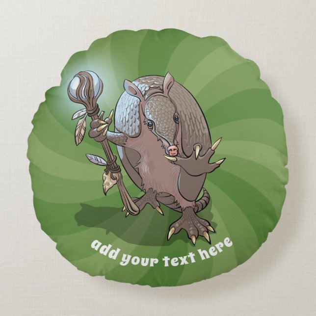 Hypnotic Mystic Armadillo Shaman And Staff Cartoon Round Cushion (Front)