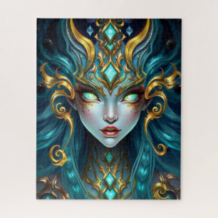 Hypnotic Neon Goddess with Glowing Spiral Eyes Jigsaw Puzzle