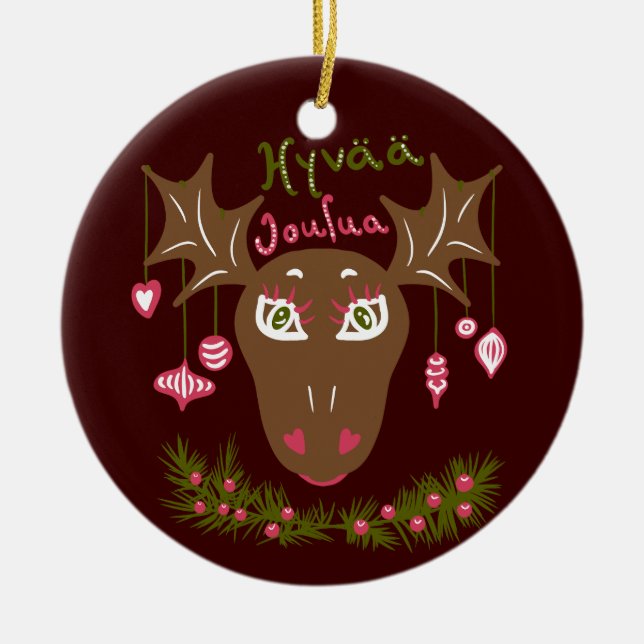 Hyvää Joulua Christmas cute moose with ornaments (Front)