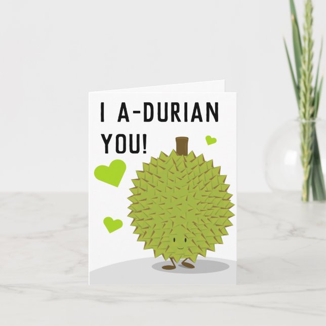 I Adore You Food Pun Durian Cartoon Holiday Card (Front)