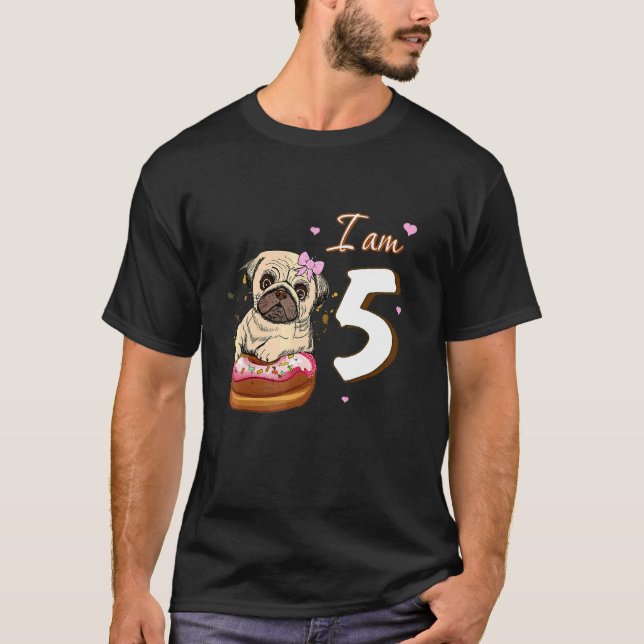 I Am 5 Birthday Cute Lovely Pug With Doughnut Dog  T-Shirt (Front)