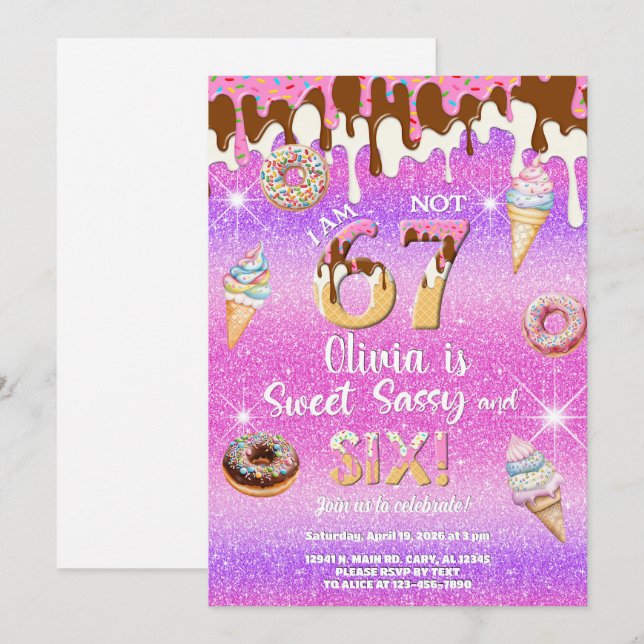 I am 6 not 7 girl 6th birthday invitation. invitation (Front/Back)