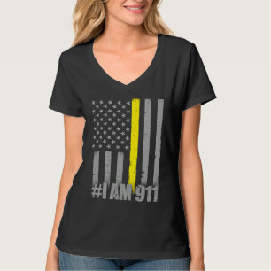 I Am 911  Thin Gold Line Flag  Police Dispatcher T-Shirt