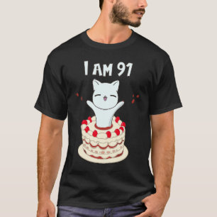 I am 91 Cute cat kitten with birthday cake T-Shirt