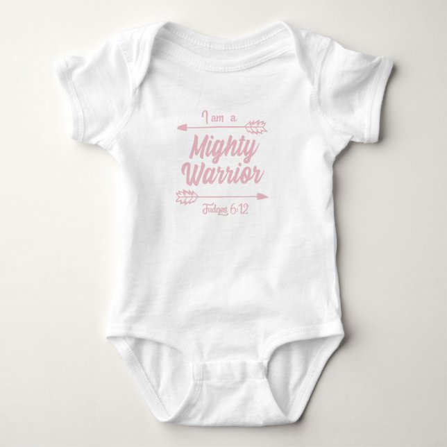 I am a Mighty Warrior - Girls Pink on White Baby Bodysuit (Front)