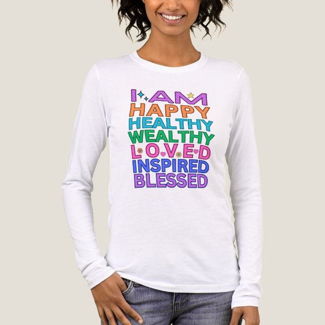 I Am Affirmations Long Sleeve Tee – Rainbow Text (Front)