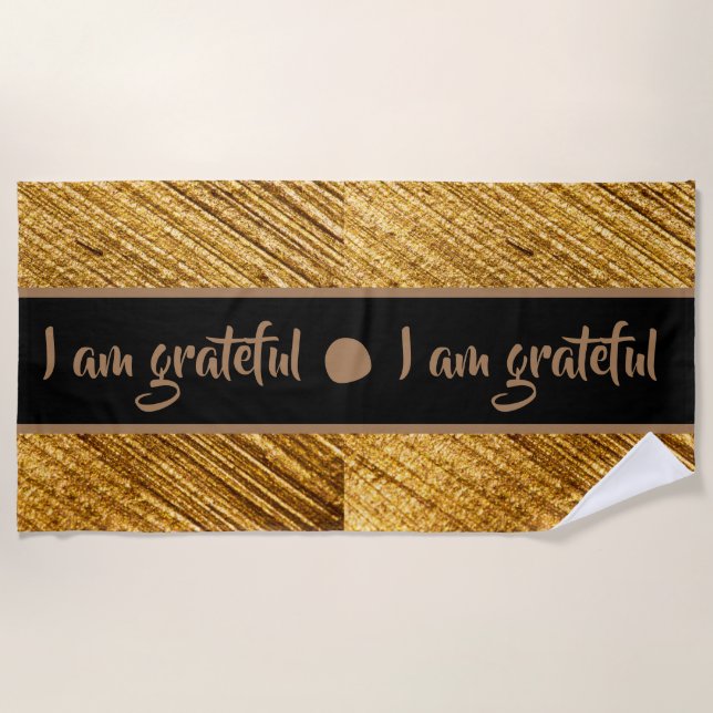 I am Grateful Beach Towel Gold Brown Modern (Front)