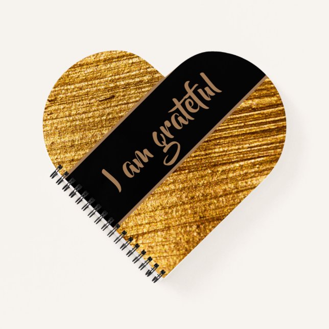 I am Grateful Heart Shaped Spiral Notebook Gold (Front)