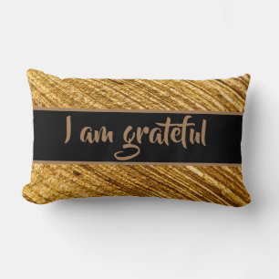 I am Grateful Lumbar Pillow Gold Brown Modern