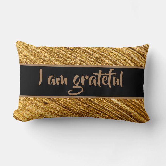 I am Grateful Lumbar Pillow Gold Brown Modern (Front)