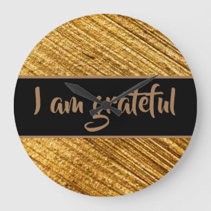 I am Grateful Wall Clock Gold Brown Modern