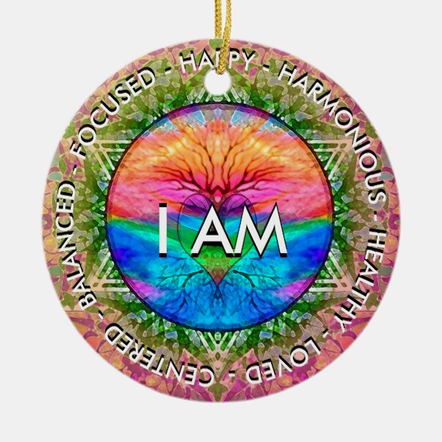 I AM Inspirational Message Rainbow Heart Tree Ceramic Tree Decoration (Front)