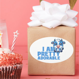 i Am Pretty Adorable Blue and White Cow Oval Sticker