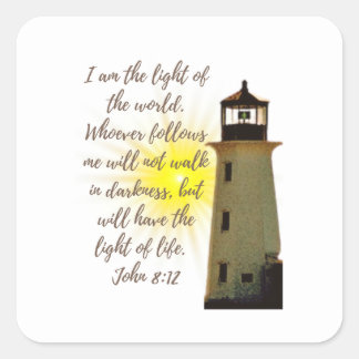I am the Light. John 8:12 quote with Light House Square Sticker