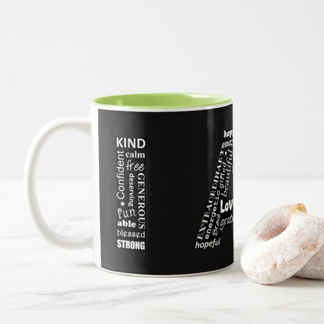 I AM white on black coffee mug (With Donut)