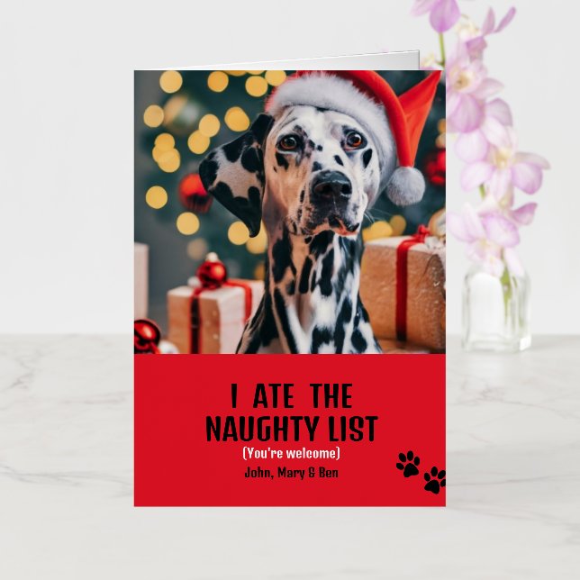 I ate Naughty List Pet Photo Christmas Red Holiday Foil Greeting Card (Orchid)