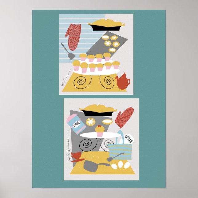 'I bake" 2 retro illustrations Print (Front)