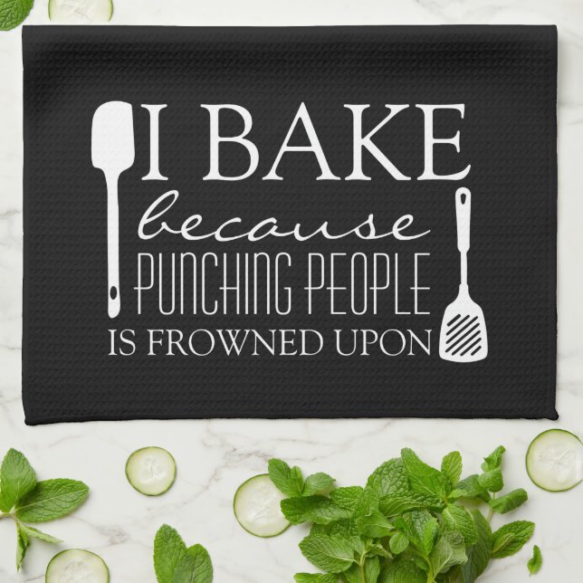 I Bake Because Punching People Frowned Upon Name Tea Towel (Folded)