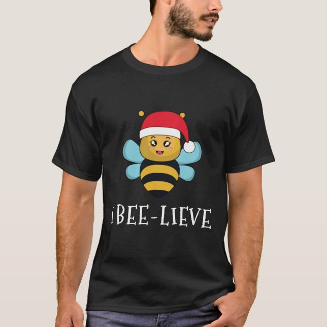 I Bee Lieve I Believe Cute Bee Christmas Santa  T-Shirt (Front)