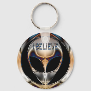 I BELIEVE CHROME ALIEN HEAD KEY RING