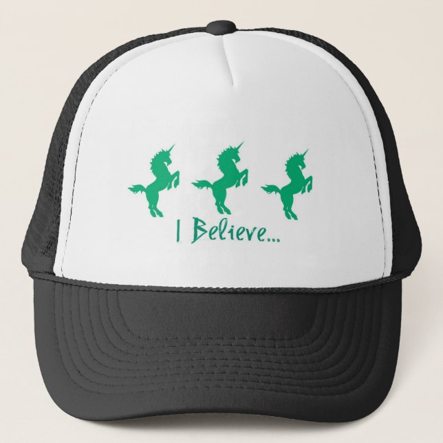 I Believe Green Unicorn Design Trucker Hat (Front)