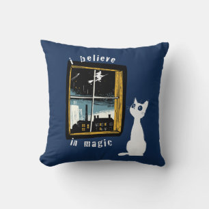 I Believe In Magic Vintage Linocut White Cat Witch Cushion