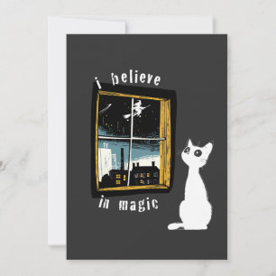 I Believe In Magic Vintage Linocut White Cat Witch Invitation