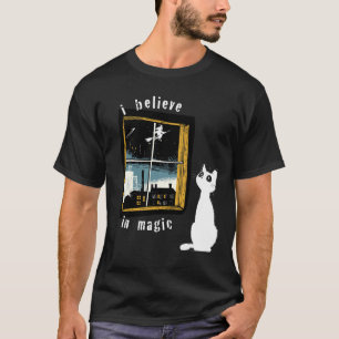 I Believe In Magic Vintage Linocut White Cat Witch T-Shirt