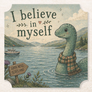 I believe in myself whimsical Loch Ness Monster Paper Coaster