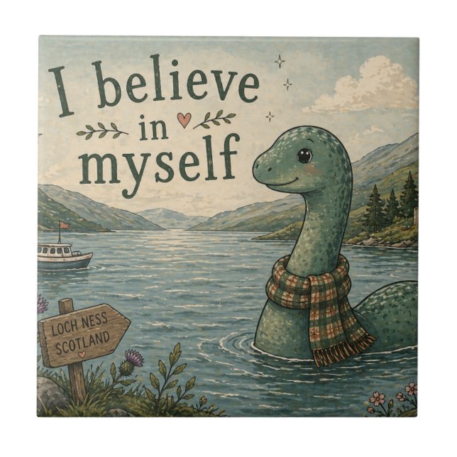 I believe in myself whimsical Loch Ness Monster Tile (Front)