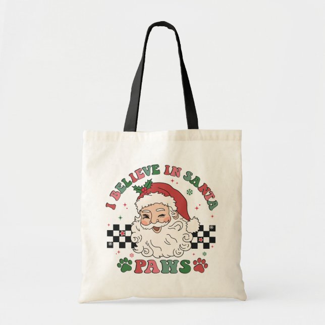 I Believe In Santa Paws Retro Christmas Dog Lover Tote Bag (Front)