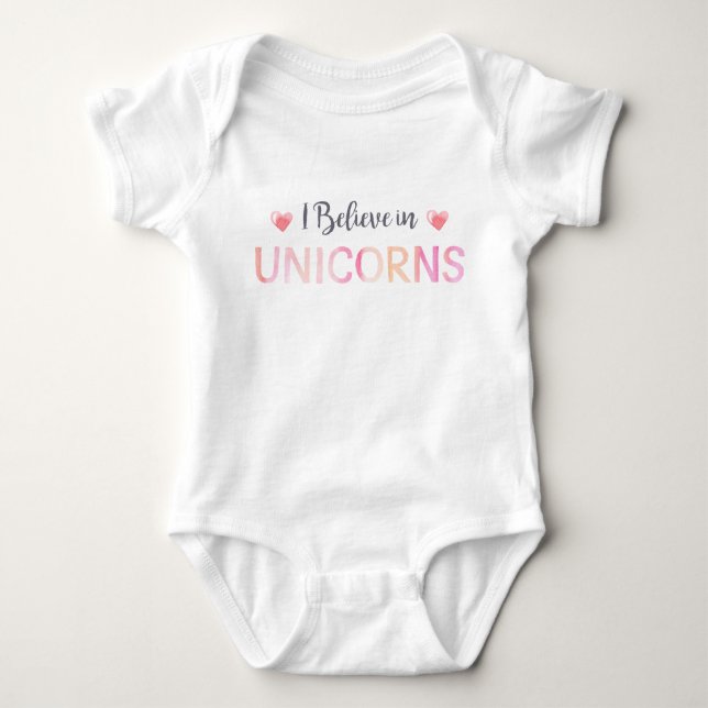 I Believe in Unicorns Baby Girl Pink Typography Bodysuit (Front)